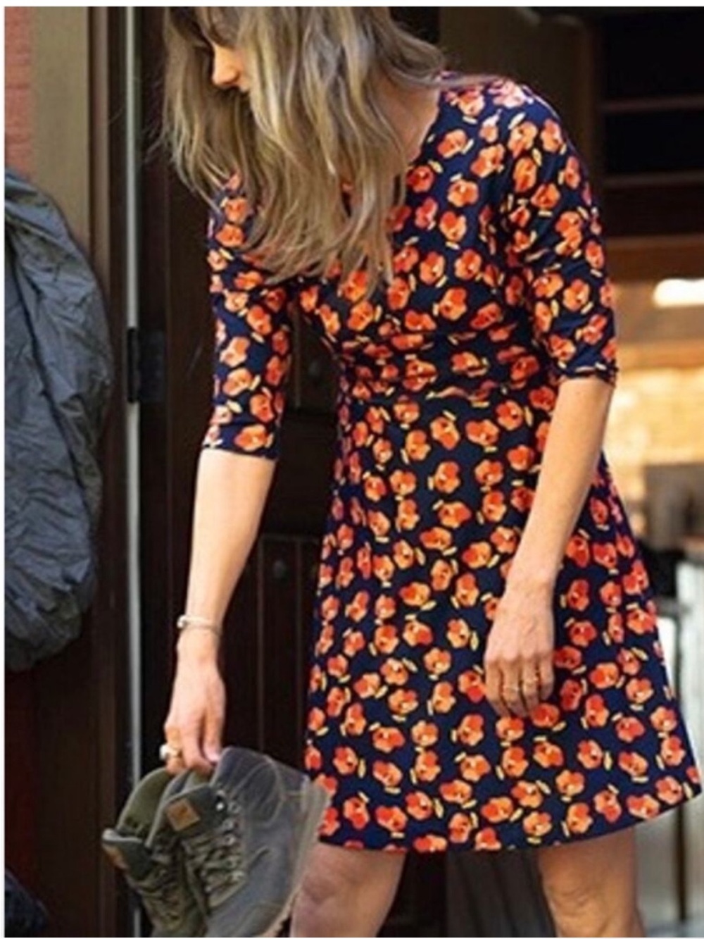 Title Nine Dream Dress Navy Blue Floral Orange Knee Length Sz M